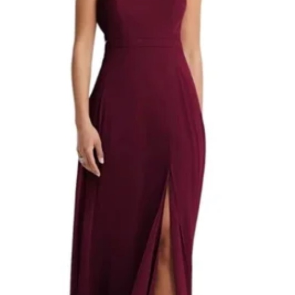 Maroon Burgundy Halter Bridesmaid Dress - Picture 5 of 7